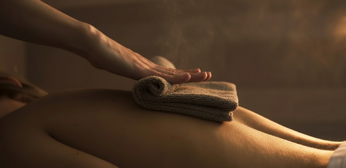 Serene spa treatment with warm golden lighting