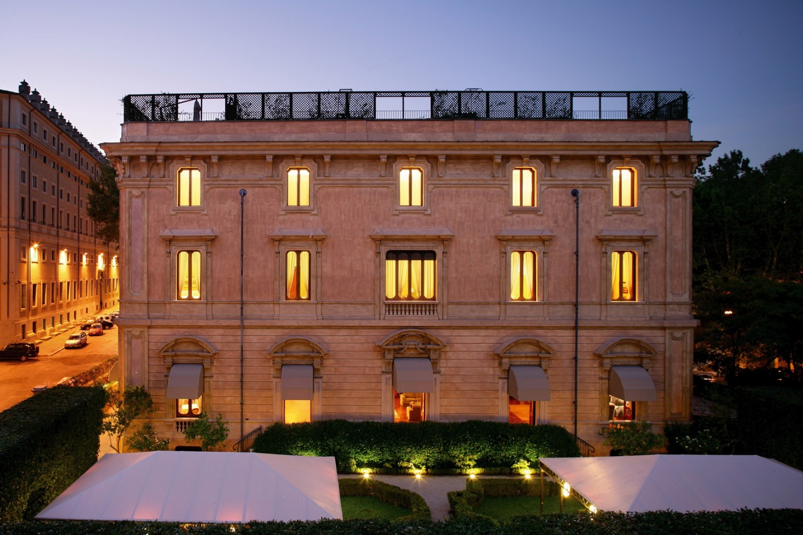 Villa Spalletti Trivelli at evening with warm lighting